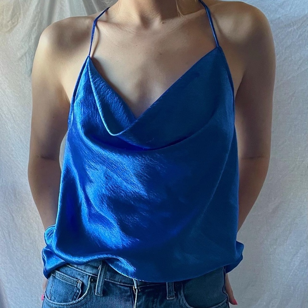 EXPRESS Women’s Blue Silky Draped Cowl Neck Racerback Tank Top size medium